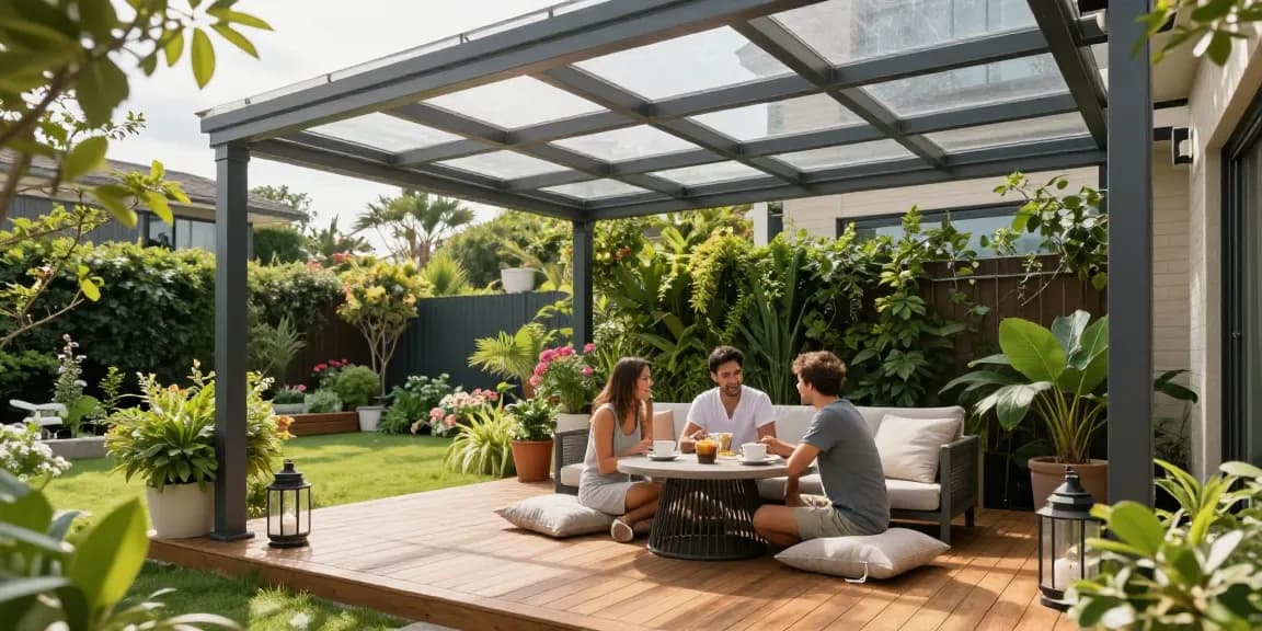 Moderne Terrassenüberdachungen in einer einladenden Gartenlandschaft.