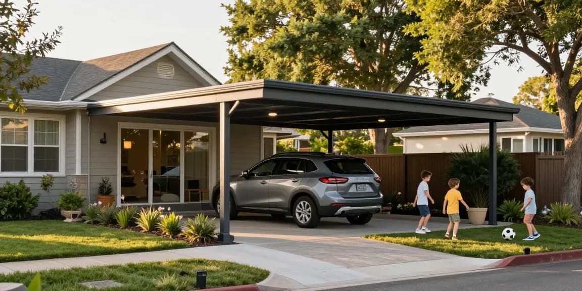 Moderne Carport-Umgebung mit SUV, Garten und Spielen von Kindern.