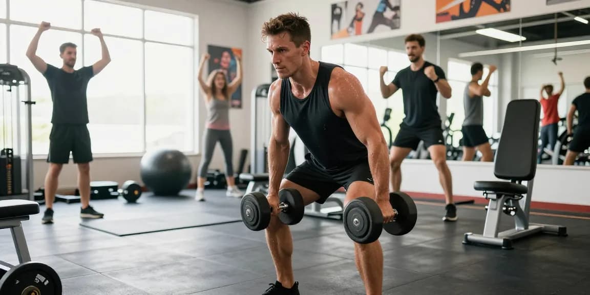 Effizientes Workout im Selliza Shop Fitnessstudio mit motivierten Bodybuilder.