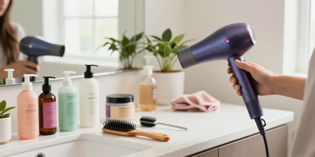 Laifen Haartrockner im Test: Hochgeschwindigkeits-Haartrockner in modernem Badezimmer mit Haarprodukten.