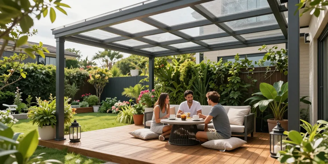 Moderne Terrassenüberdachungen in einer einladenden Gartenlandschaft.