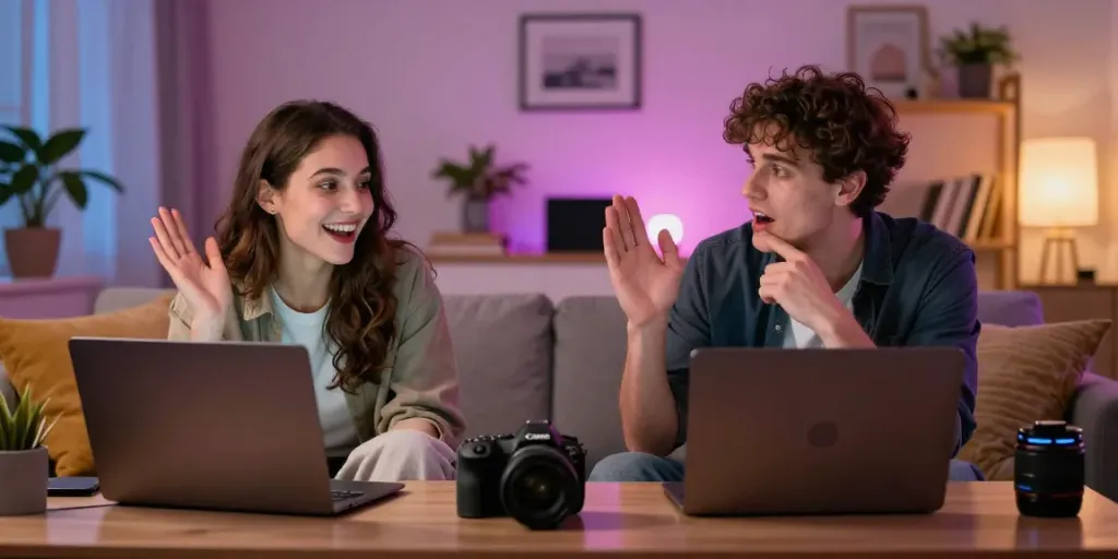 Engaging sex chat scene between two people in a cozy virtual space.