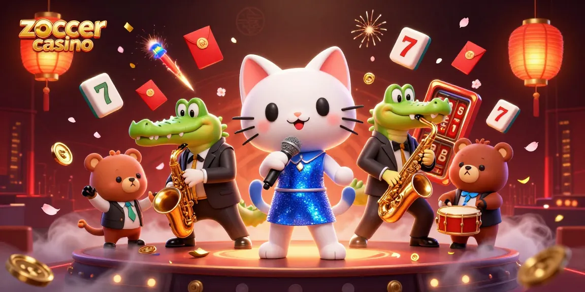 Zoccer casino showcases vibrant 3D characters performing alongside slot reels and festive decorations.