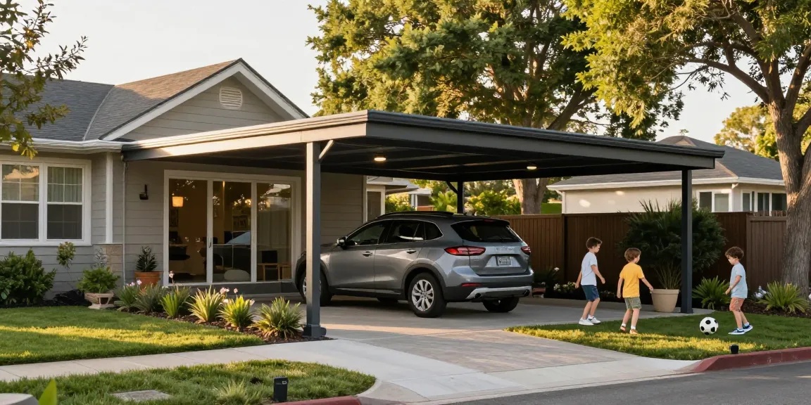 Moderne Carport-Umgebung mit SUV, Garten und Spielen von Kindern.