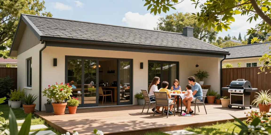 Freistehende Terrassenüberdachung bietet Familien gemütliche Stunden im Garten.