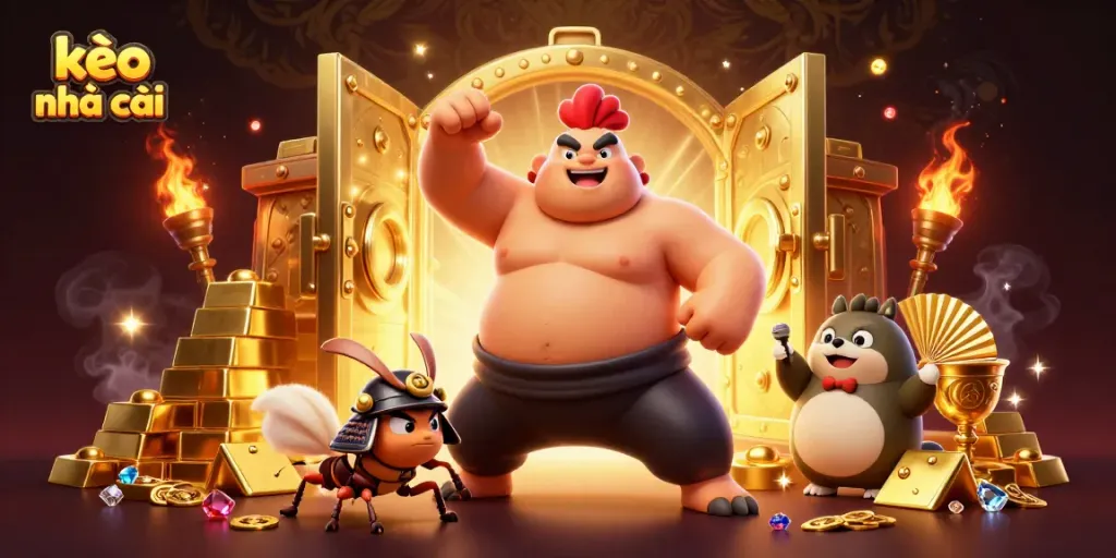 Engaging scene illustrating kèo nhà cái with a powerful sumo rooster and fierce samurai cricket amidst treasures.