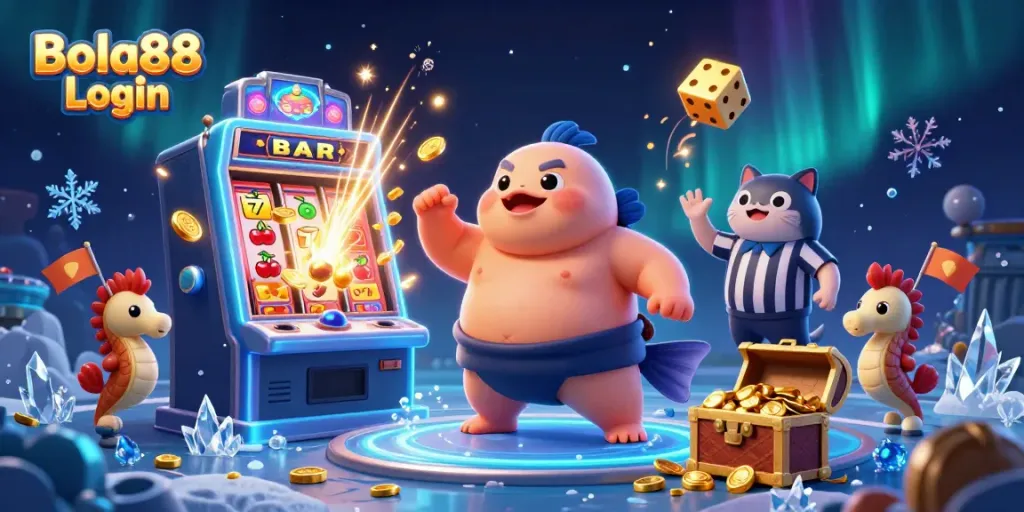 Experience the thrill of Bola88 Login with vibrant 3D illustration featuring a blowfish in a casino environment.