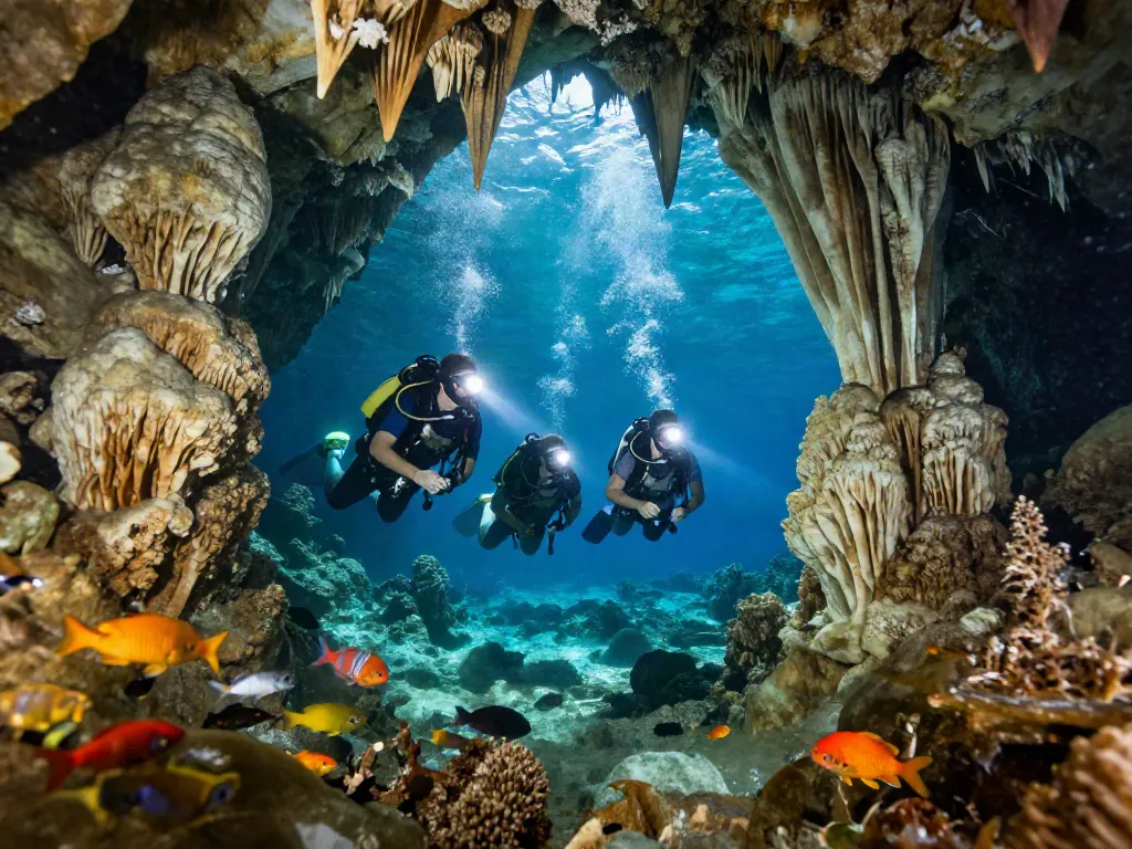 Höhlentauchen Mexiko: Taucher erkunden Cenote mit glasklaren Wasser und beeindruckenden Stalaktiten.