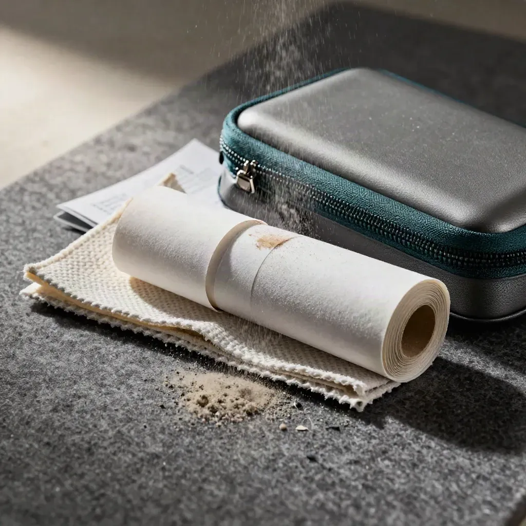 Makro eines Wartungssets für die Kasse auf dunklem Filz mit Tuch, Bonrolle, Etui und Akku
