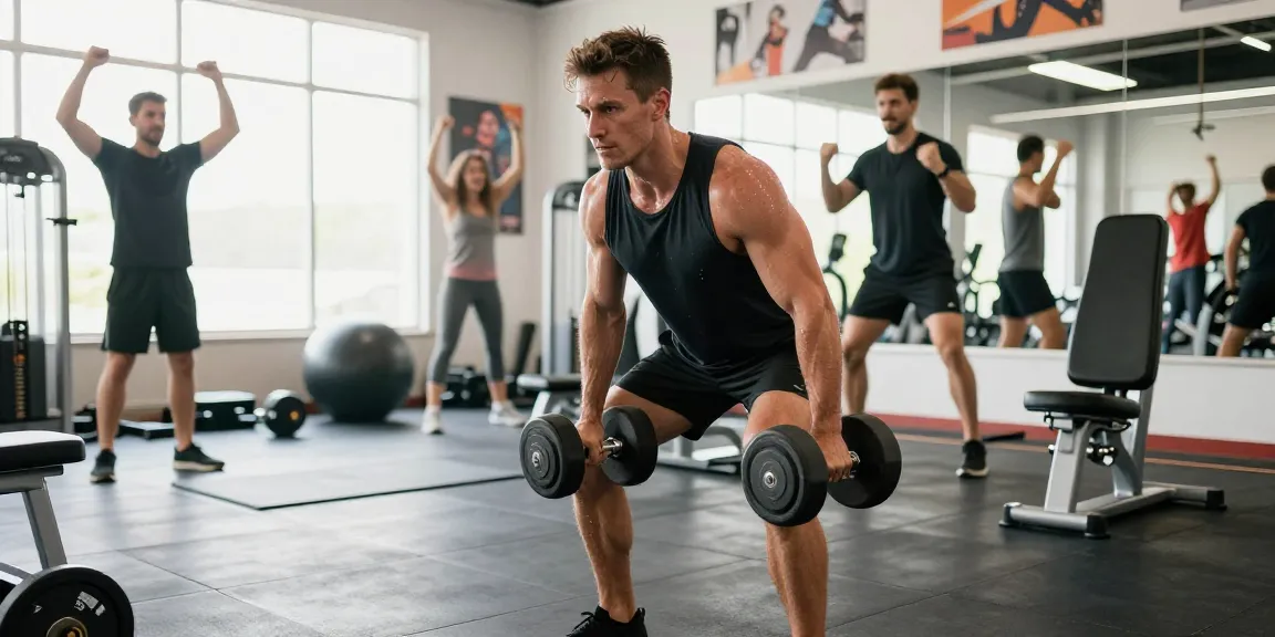 Effizientes Workout im Selliza Shop Fitnessstudio mit motivierten Bodybuilder.