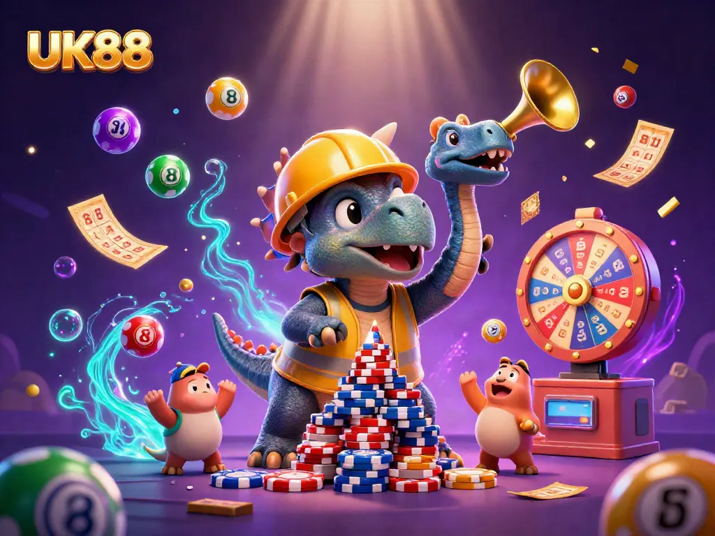 Engage with UK88's vibrant casino scene featuring a triceratops building poker chip pyramids amidst lively lottery elements.