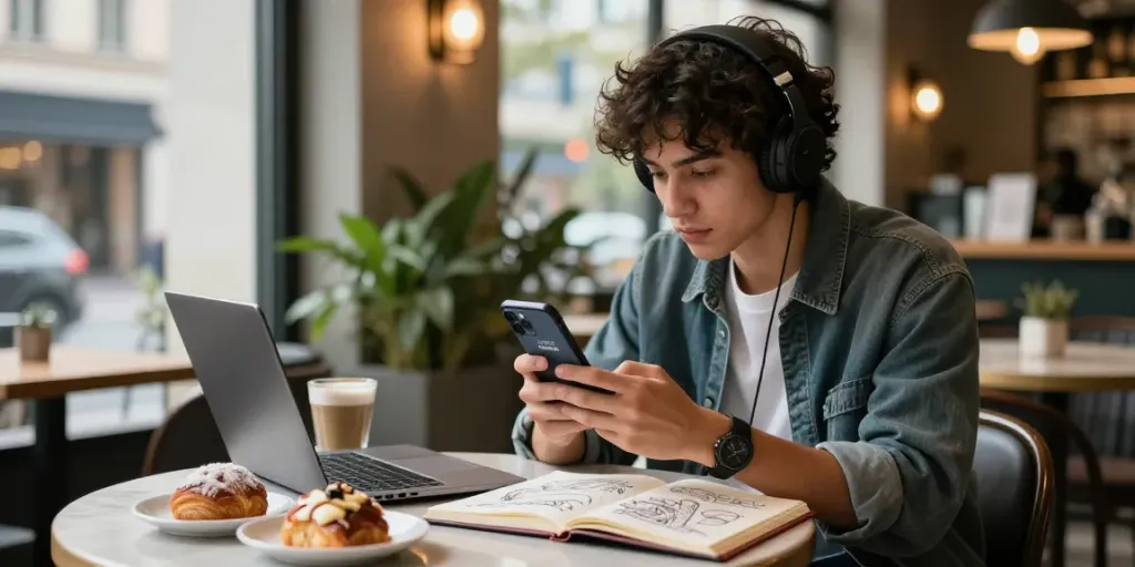 Young adult using rokok88 login on smartphone in trendy café with laptop and pastries
