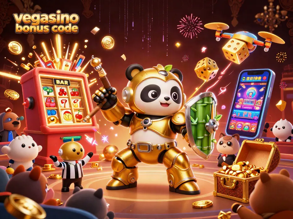 Experience the excitement with the vegasino bonus code in vibrant casino themed 3D illustration bursting with action!