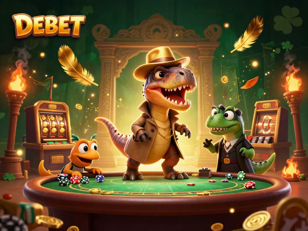 DEBET illustrates dynamic action as a velociraptor cleverly counts cards at a blackjack table.