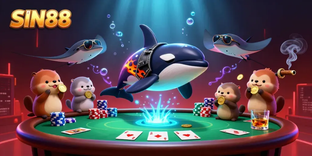SIN88 features an orca, stingray, and otters amidst poker elements, showcasing vibrant casino excitement.