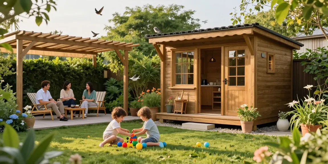 Familie genießt das neue Gartenhaus im Garten mit Spielzeugen und Terrassenmöbeln.