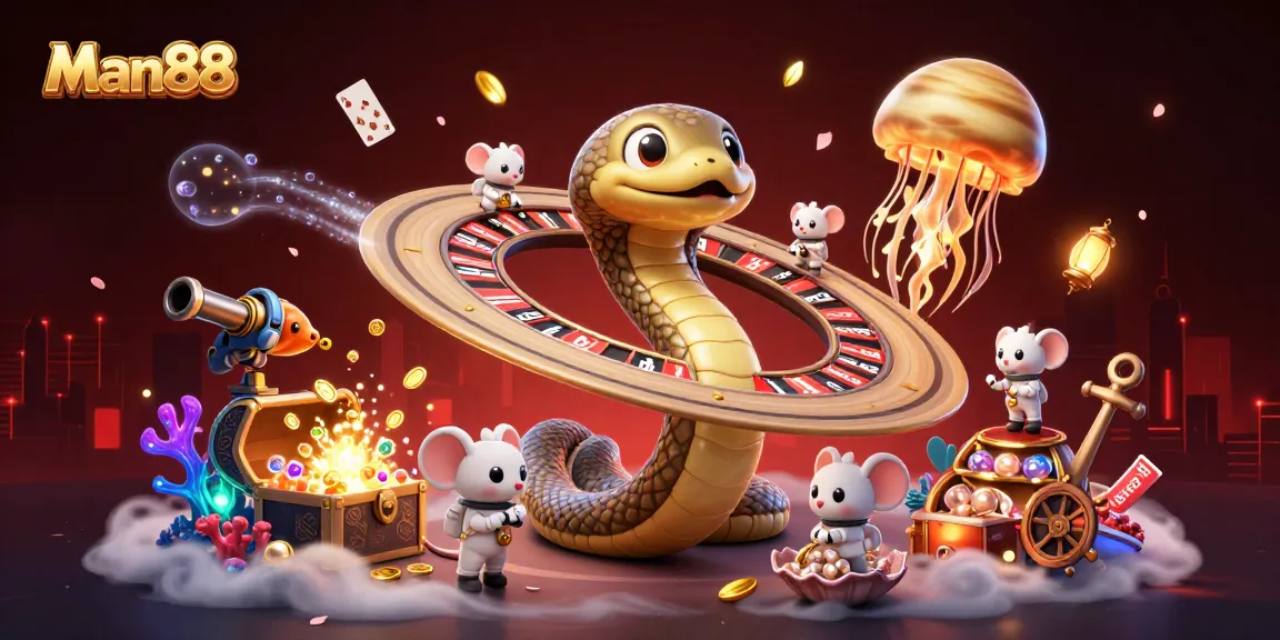 Place bets with Man88 as astronaut mice spin the roulette rings in a vibrant casino scene.