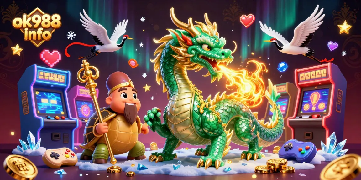 Engage with ok988 info while gambling amidst a dynamic 3D casino scene featuring magical creatures and vibrant game elements.